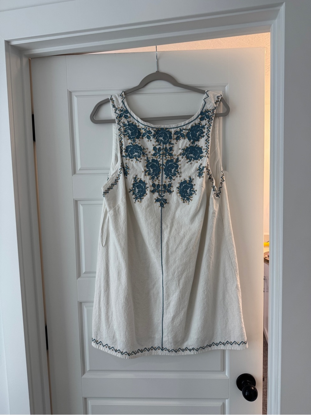 Free People Ivory Sleeveless Embroidered Shift Dress with Teal Accents